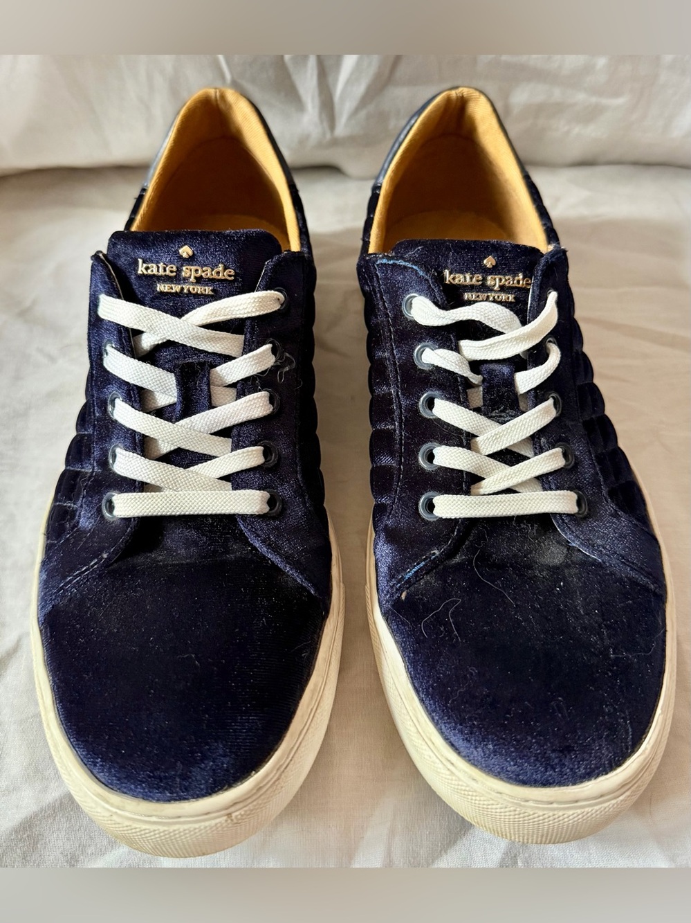 Woman’s Shoe Kate Spade Navy Blue Velvet Size 8.5 Style Fleet,Gold Embellishment